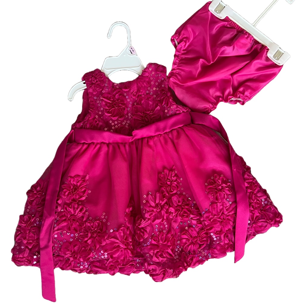 Rare Editions baby girls hot pink formal rossette detailed dress size 6-9 Months